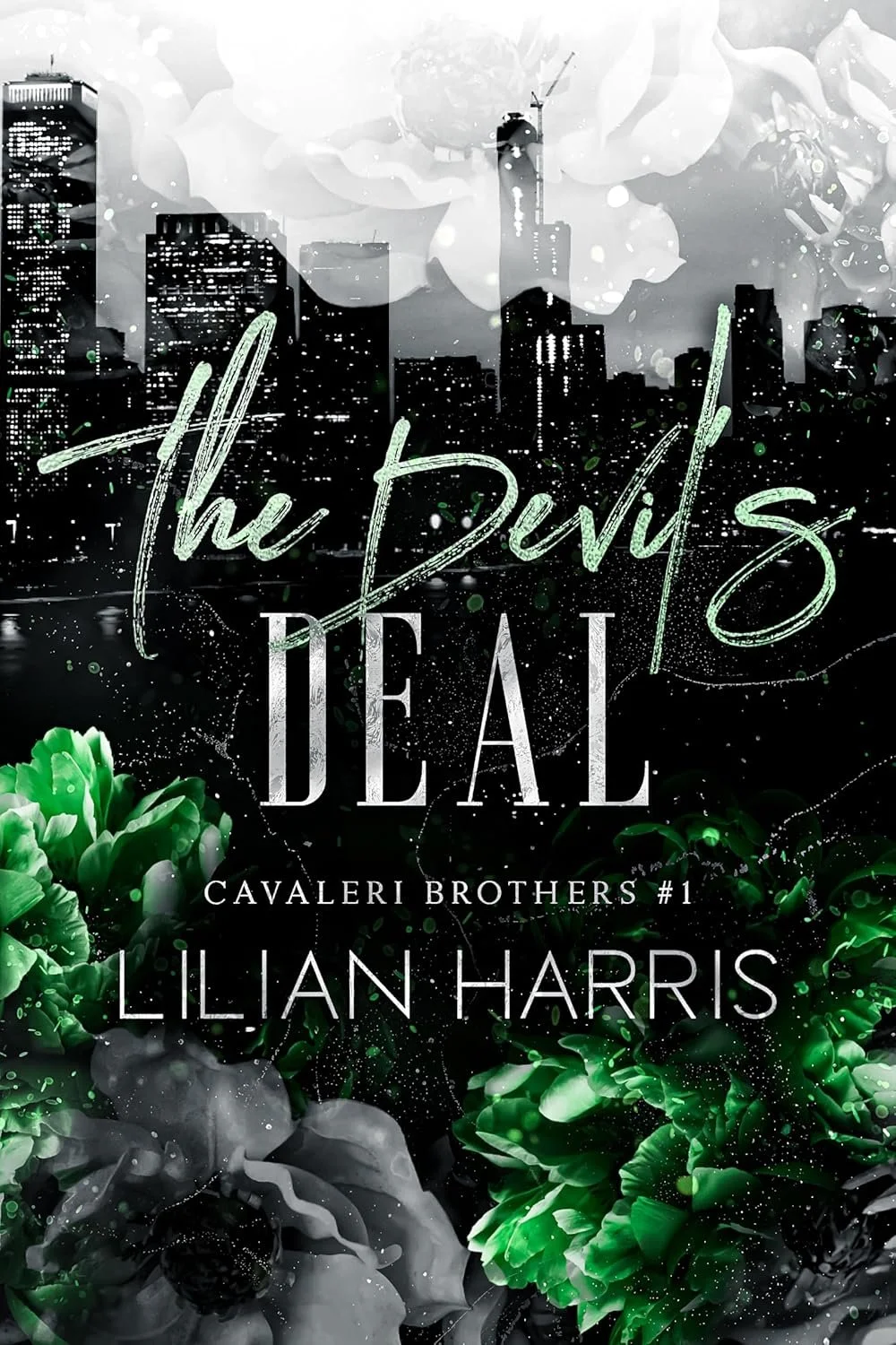 Book cover titled 'The Devil's Deal' by Lilian Harris, part of the Cavaleri Brothers series, featuring a dark city skyline, green foliage, and a flower with a black and white color scheme.