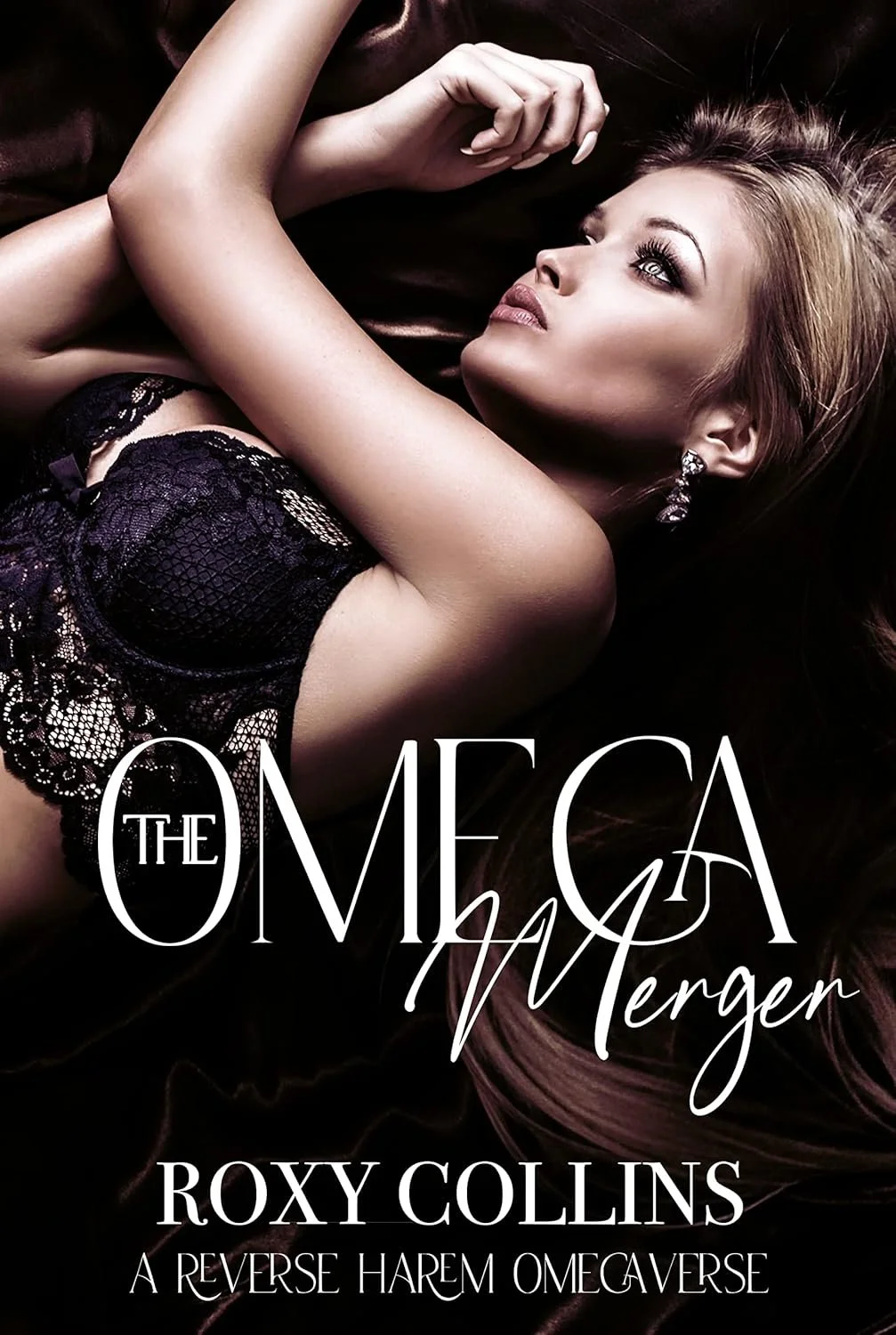 Book cover featuring a woman with light skin, long reddish-brown hair, lying down on a dark surface, wearing black lace lingerie and diamond earrings, with the title 'The Omega at the Merger' and author's name Roxy Collins.