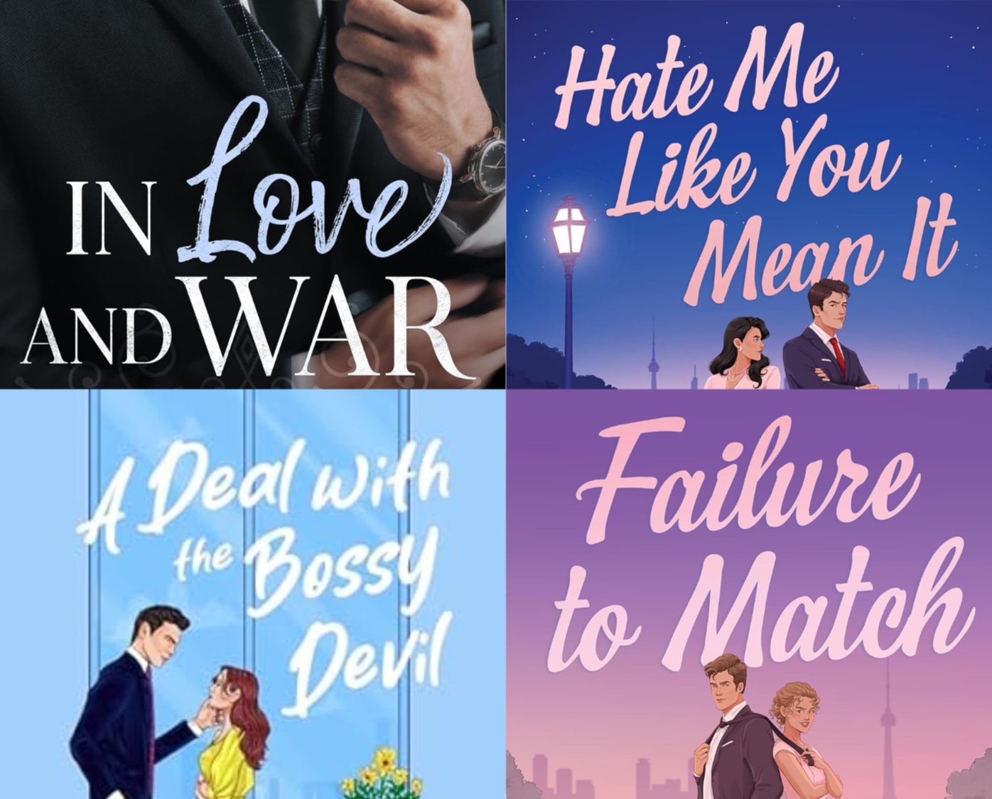 Four book cover images, each with titles: 'In Love and War,' 'Hate Me Like You Mean It,' 'A Deal with the Bossy Devil,' and 'Failure to Match' all written by Kyra Parsi. The covers feature illustrations of couples and romantic themes.
