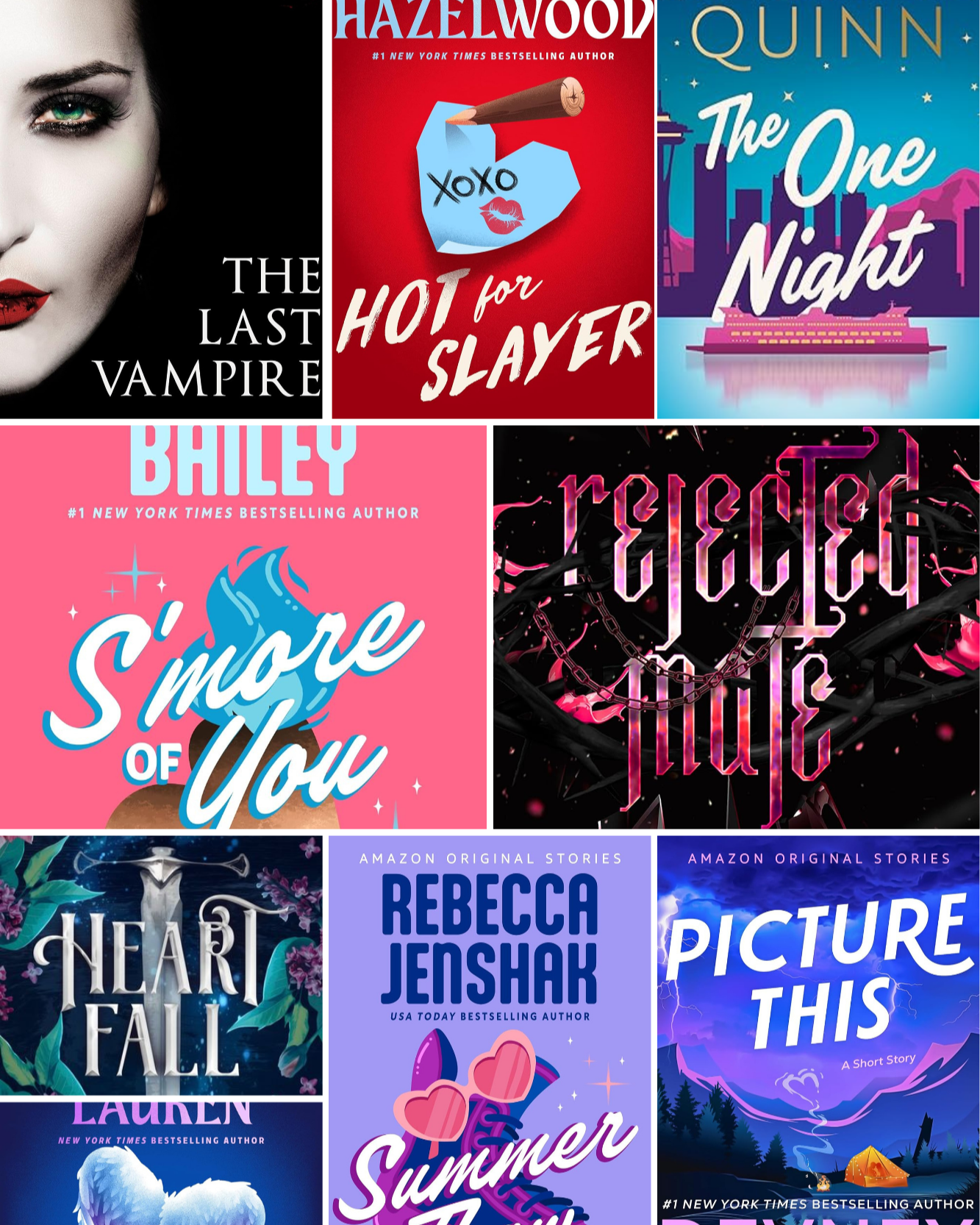 Collection of book covers, including 'The Last Vampire', 'Xoxo Hot for Slayer', 'The One Night', 'S'more of You', 'Forgotten Flame', 'Reclaim Summer', 'Picture This', 'Heart Fall', and others.