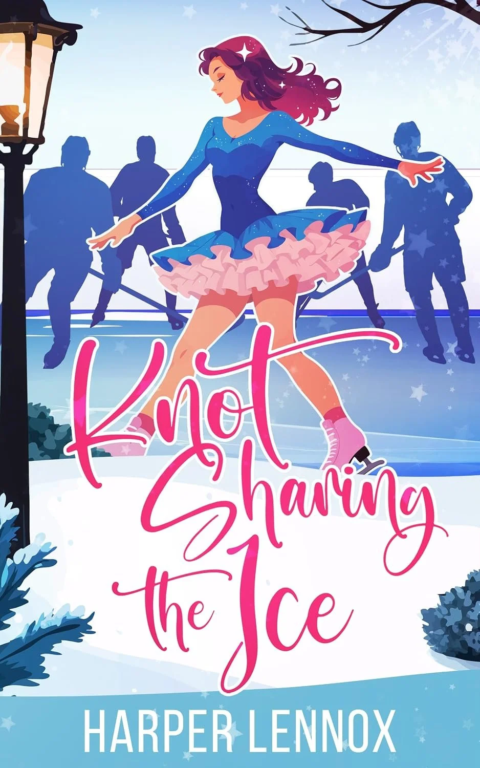 Book cover for 'Not Sharing the Ice' by Harper Lennox, featuring an animated girl figure skating on an ice rink with a pink and blue dress. Silhouettes of other skaters are in the background, and snow and trees decorate the scene.