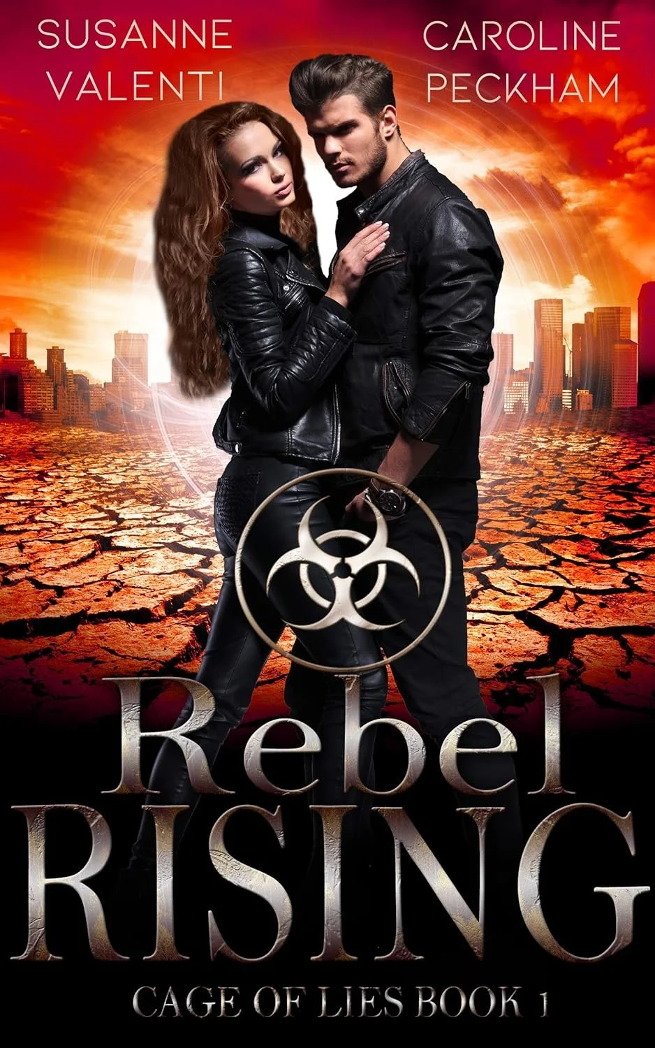 Book cover titled "Rebel Rising," featuring a woman and man in black leather jackets standing close together against a dystopian cityscape with a cracked, dried ground and a fiery sky, with biohazard symbol overlay.