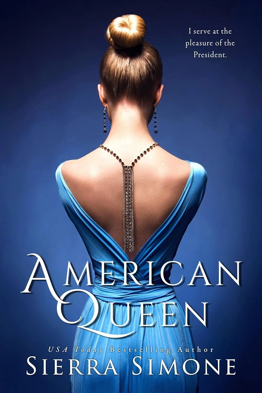 Book cover of 'American Queen' by Sierra Simone, featuring a woman in a blue dress with her back to the camera, with an ornate necklace and styled hair in a bun, set against a dark background.
