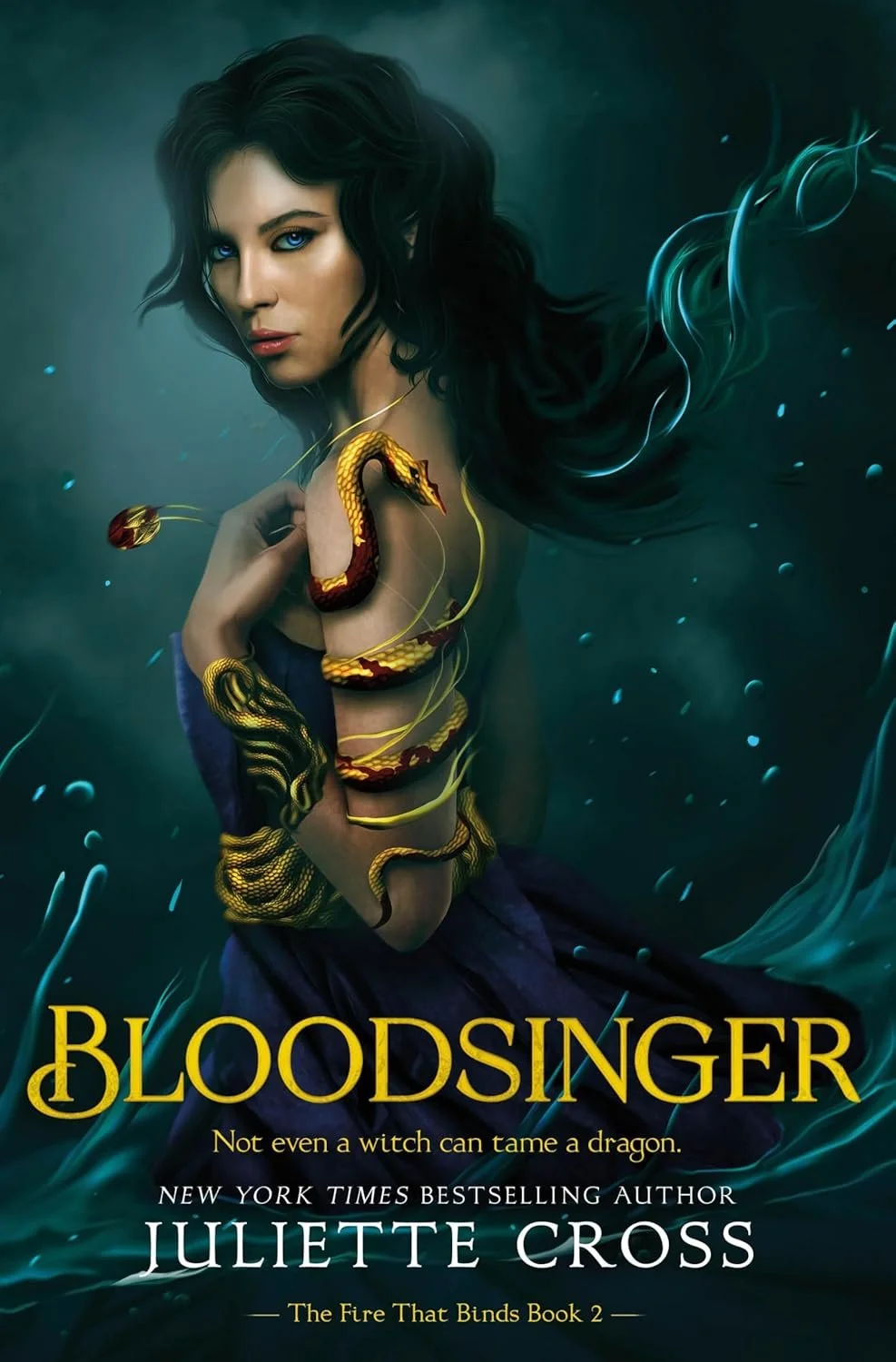 Book cover of 'Bloodsinger' by Juliette Cross featuring a woman with dark hair and piercing blue eyes, partially covered by a yellow and red snake, with water and magical swirling effects in the background.