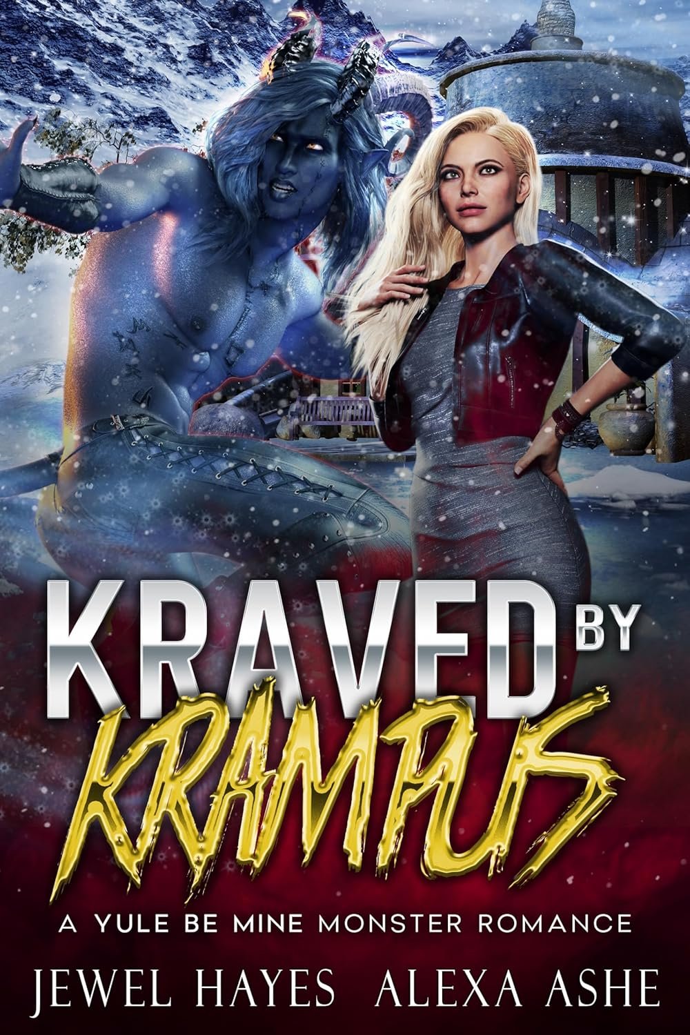 Book cover for 'Kraved by Krampus: A Yule Be Mine Monster Romance' by Jewel Hayes featuring a blonde woman in a gray dress and black leather jacket, and a blue-skinned demon with horns in a snowy, mountainous landscape.