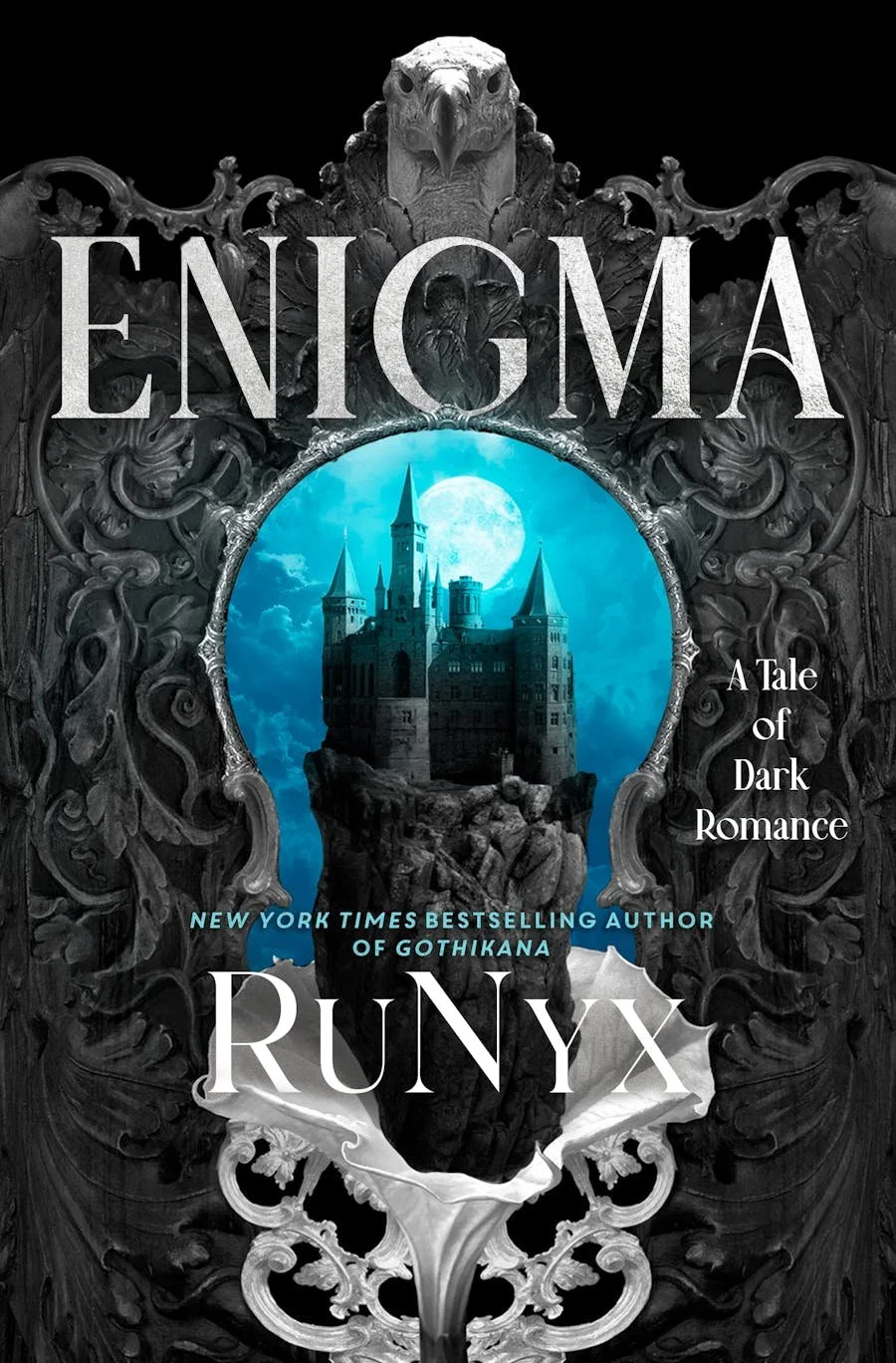 Book cover for 'Enigma' by Runyx featuring a dark, ornate frame with a central reflection of a castle on a rocky cliff against a blue moonlit sky, with a grey eagle emblem at the top and the tagline 'A Tale of Dark Romance'.