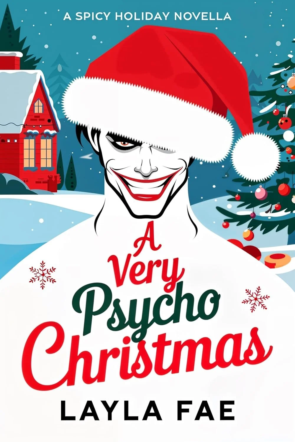 Cover of a Christmas book titled 'A Very Psycho Christmas' by Layla Fae. Features a cartoon illustration of a sinister smiling man with a mischievous expression wearing a Santa hat, set against a snowy holiday scene with a decorated Christmas tree and a red house in the background.