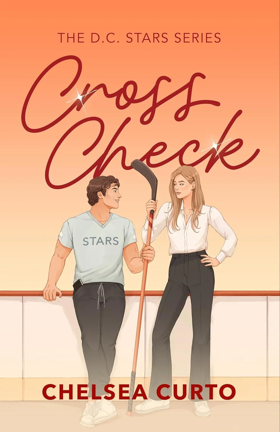 Book cover titled 'D.C. Stars Book 6 Cross Check' by Chelsea Curto with an orange background and white text.