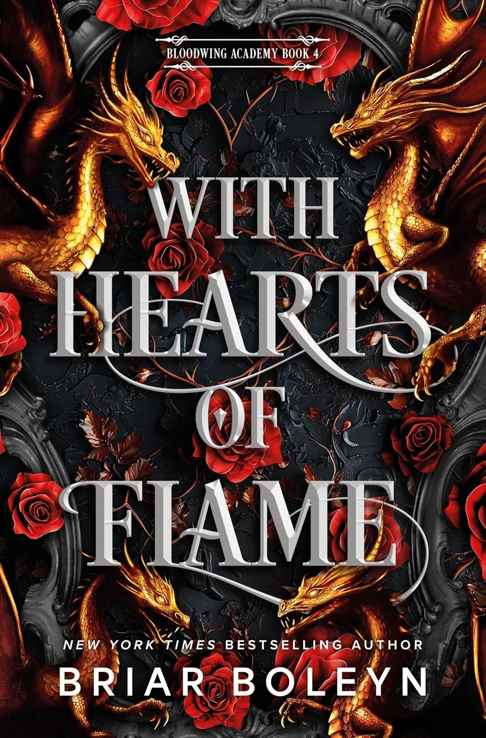 Book cover titled "With Hearts of Flame" by Briar Boleyn, featuring two golden dragons surrounded by red roses on a black background.