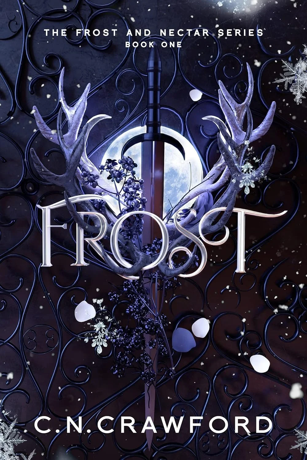 Book cover titled "Frost" featuring a moonlit winter scene with a sword, antlers, snowflakes, and icy vines.