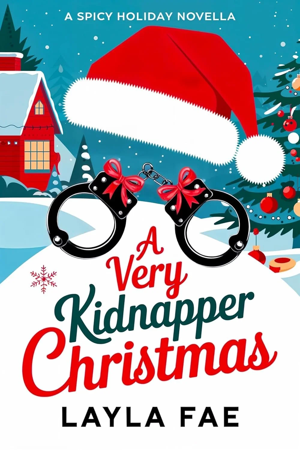 Cover of a holiday book titled 'A Very Kidnapper Christmas' by Layla Fae. Features a snowy winter scene with a house, Christmas tree, Santa hat, and black handcuffs decorated with red bows.
