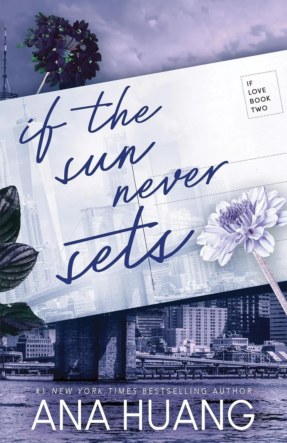 Book cover of "If the sun never sets" by ana huang shows an unsent letter and a city skyline