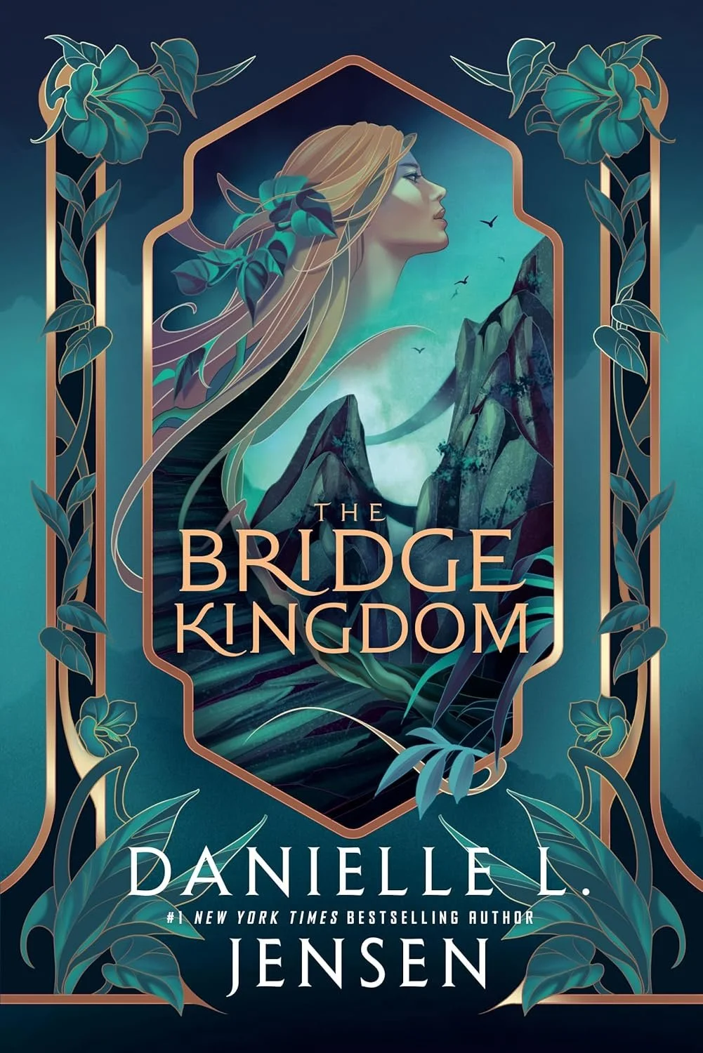 Fantasy book cover titled 'The Bridge Kingdom' by Danielle L. Jensen, featuring a woman with flowing hair and elf-like ears, surrounded by mountains, birds, and decorative foliage.