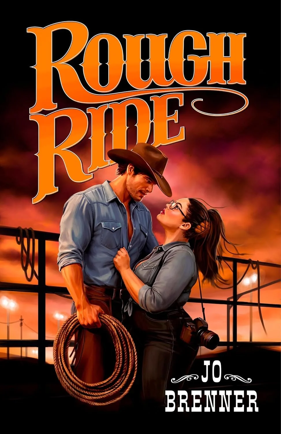 Book cover for 'Rough Ride' by Jo Brenner depicting a man in a cowboy hat and a woman with glasses looking at each other against a sunset background.