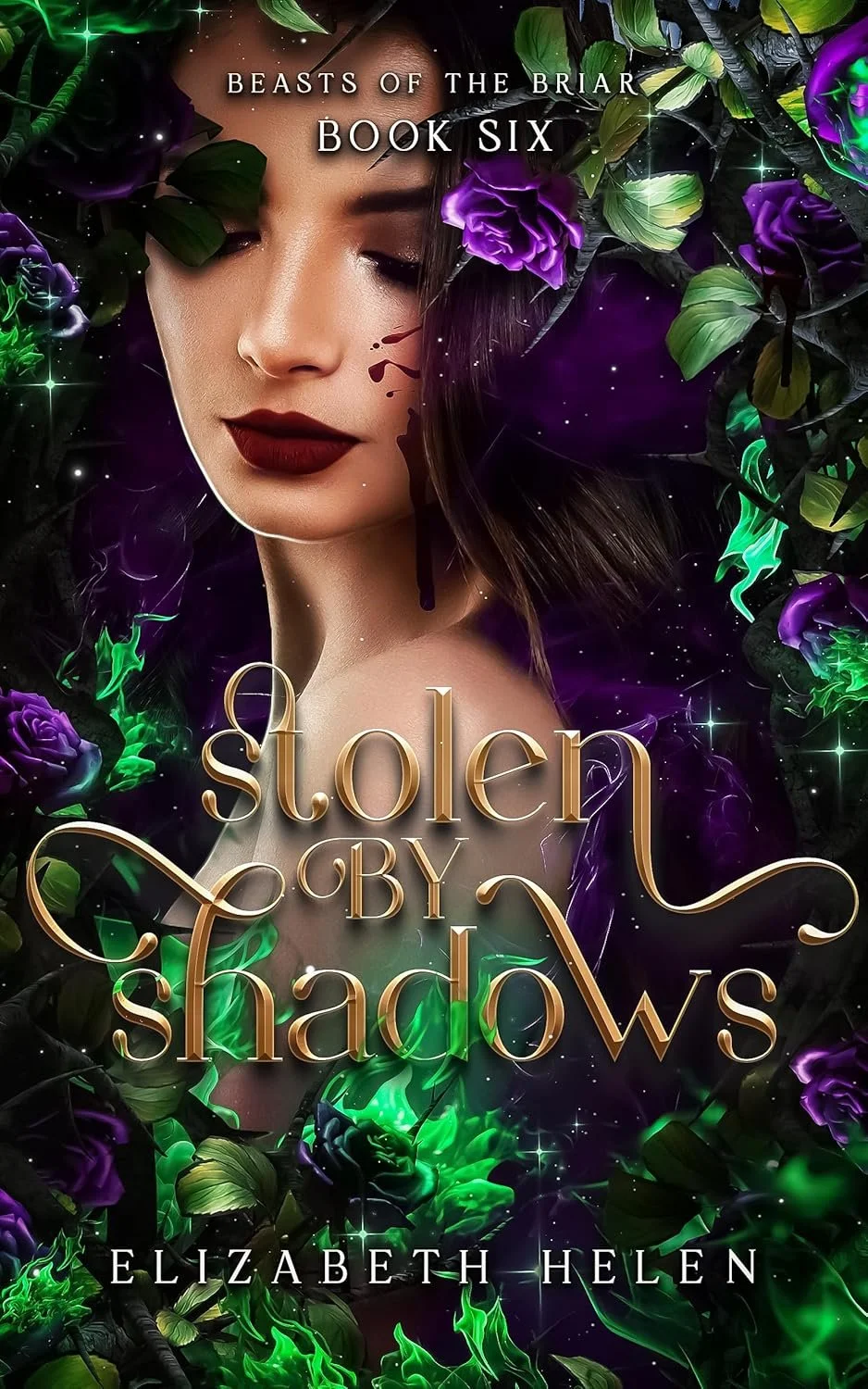 Book cover for "Stolen by Shadows" by Elizabeth Helen, featuring a woman with closed eyes, dark lipstick, surrounded by purple roses and green glowing flames, with the title and author's name in decorative gold and white text.