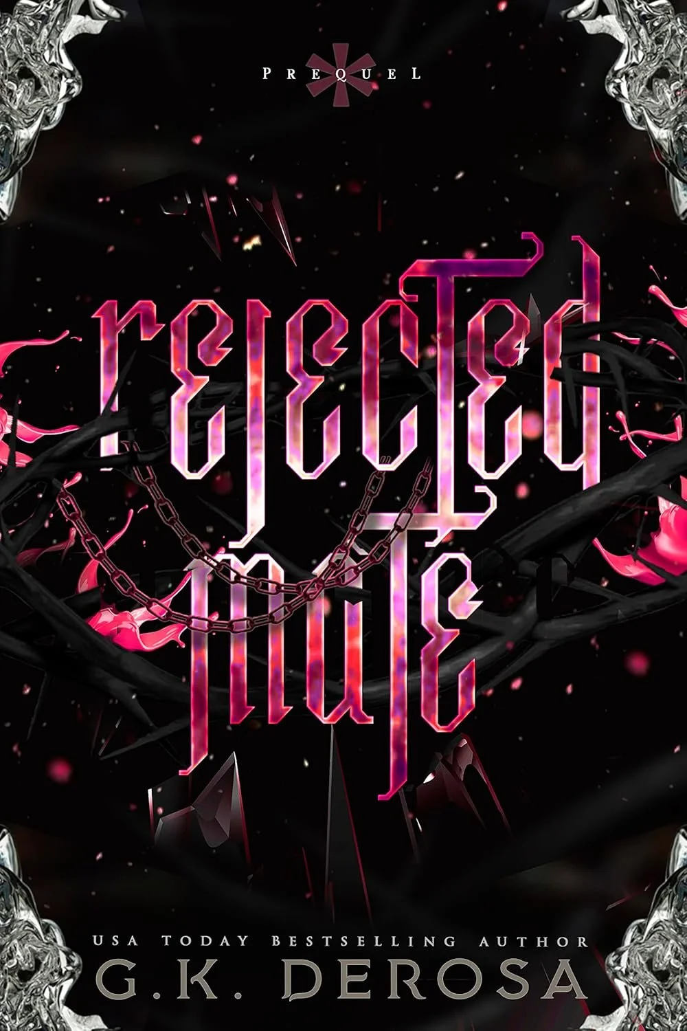 Book cover titled 'Rejected Mate' by G.K. Derosa with a dark background, pink and black stylized gothic text, chains, black thorns, and metallic skulls in the corners.