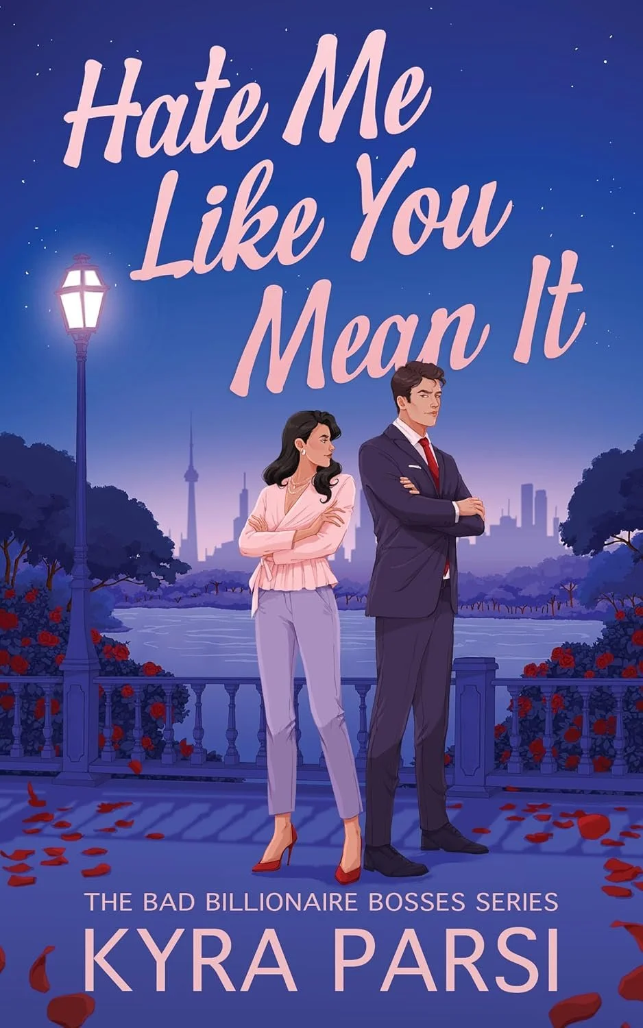 Book cover for "hate me like you mean it" by kyra Parsi is two people facing away from one another at dusk. Purple background.