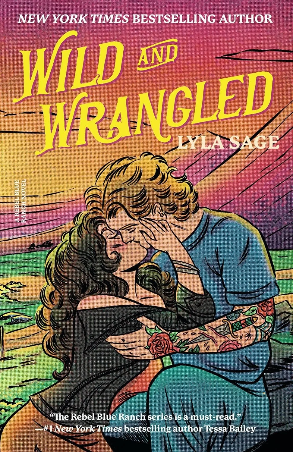 Book cover for 'Wild and Wrangled' by Lysa Sage, featuring an illustrated couple sharing a kiss outdoors at sunset with a farm landscape in the background.