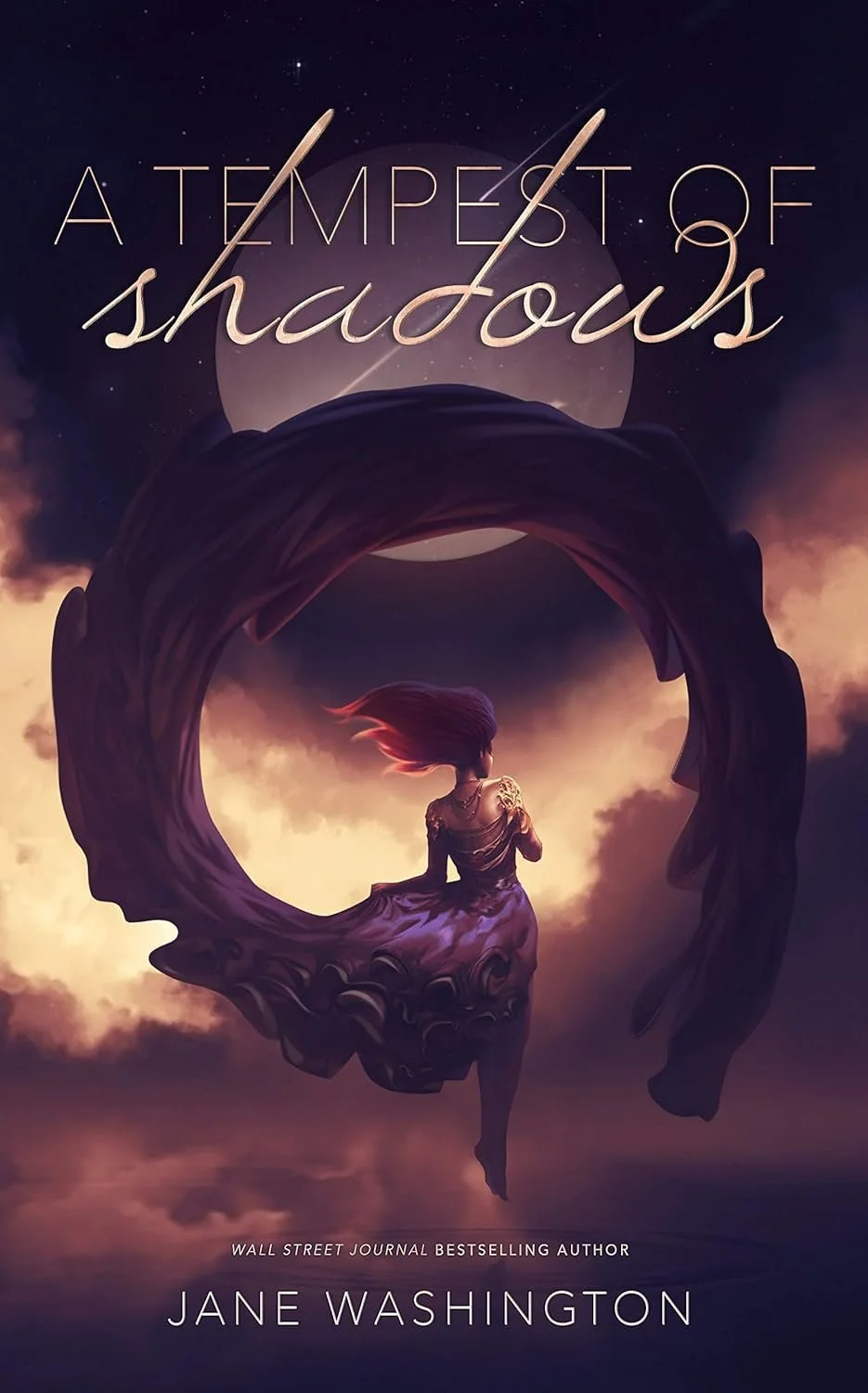 Book cover for "A Tempest of Shadows" by Jane Washington, featuring a woman sitting on a swirling shadowy shape with her hair flowing, set against a night sky with clouds and a full moon.