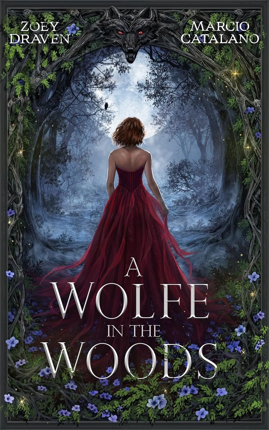 Book Cover for "A Wolfe in the Woods" by Zoey Draven shows a woman in a red dress standing in a dark, misty forest with bare trees, facing away from the viewer, with a large wolf's head and glowing red eyes.