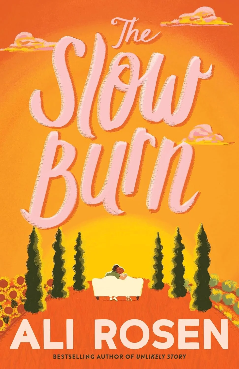 Book cover for 'The Slow Burn' by Ali Rosen, featuring a person sitting on a couch with their head resting on their arms, surrounded by stylized trees and a sunset background.