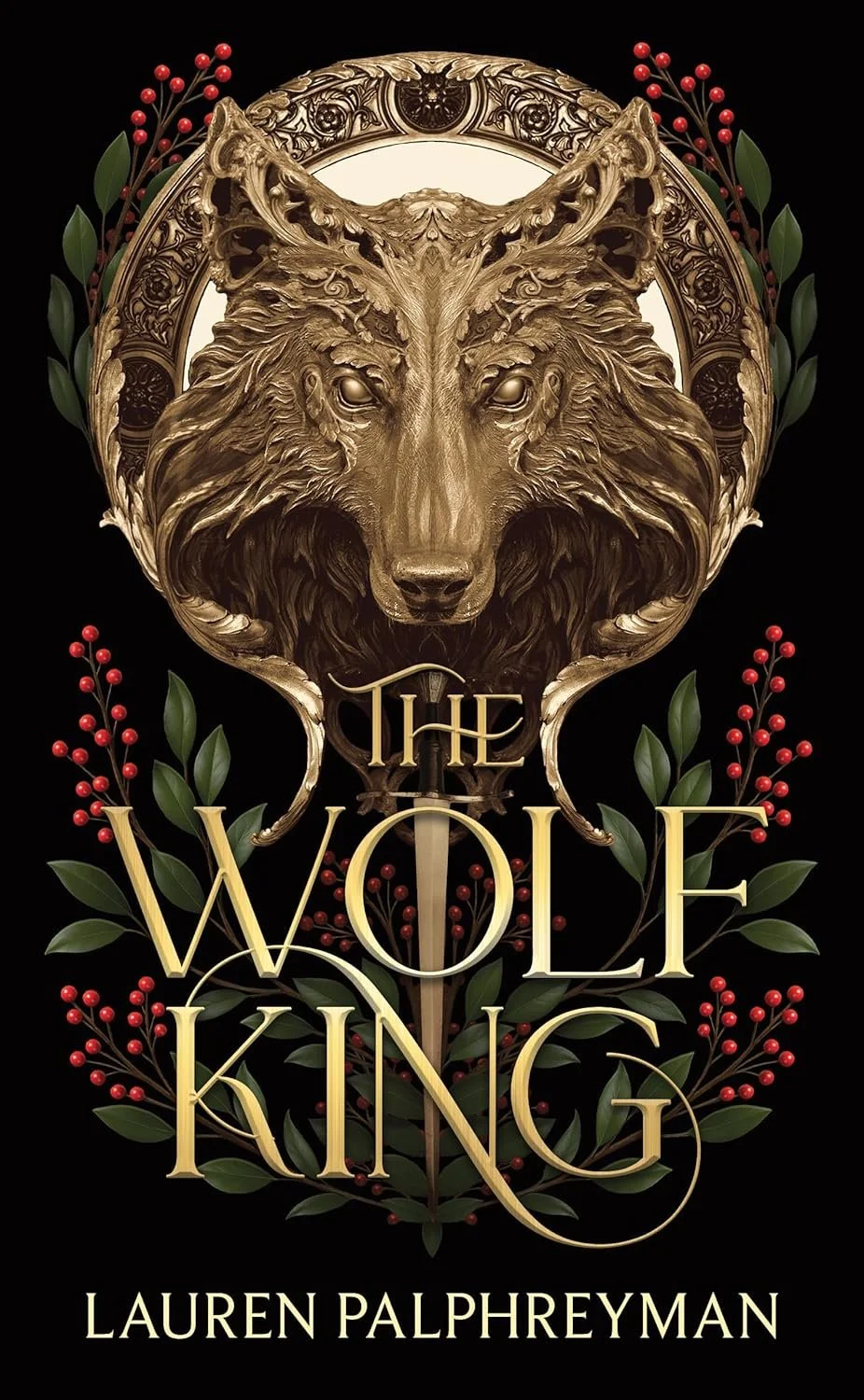 Book cover of "The Wolf King" by Lauren Palphreyman, featuring a detailed golden wolf's head surrounded by decorative floral elements against a black background.