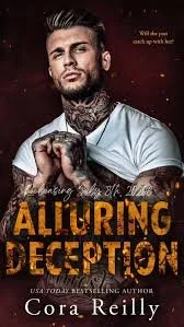 Book cover titled "Alluring Deception" by Cora Reilly, featuring a tattooed man with short styled hair and piercing gaze wearing a white shirt.