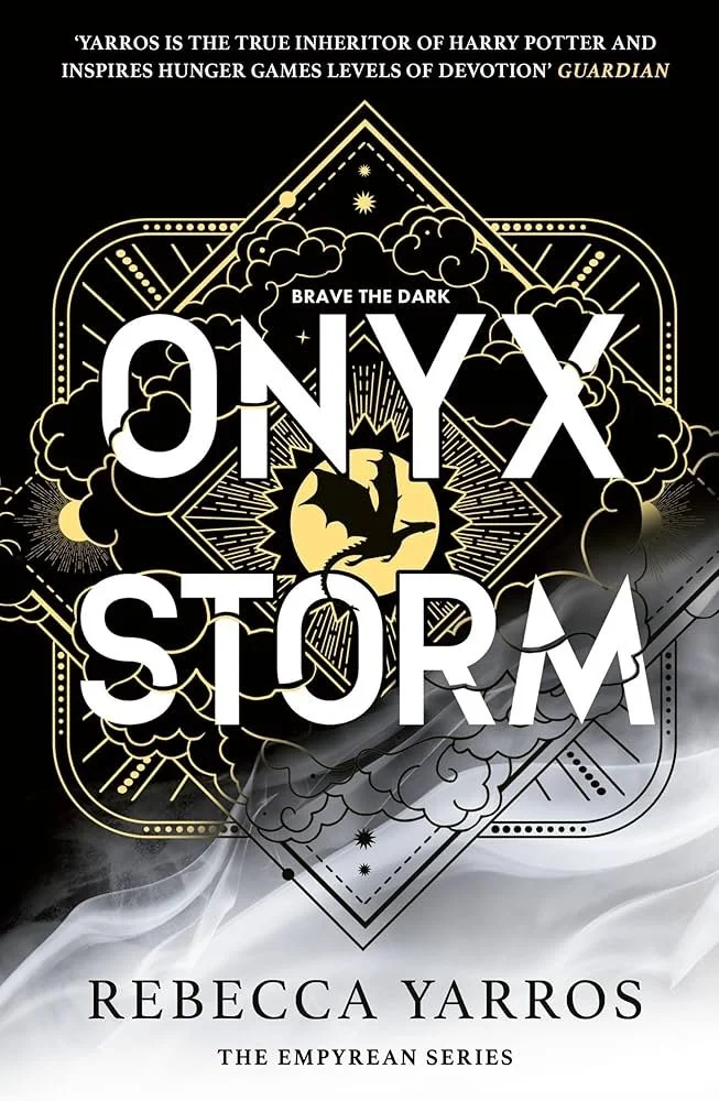 Book cover of 'Onyx Storm' by Rebecca Yarros from the Empyrean Series. The design includes mystical elements like clouds and stars in black and gold tones.