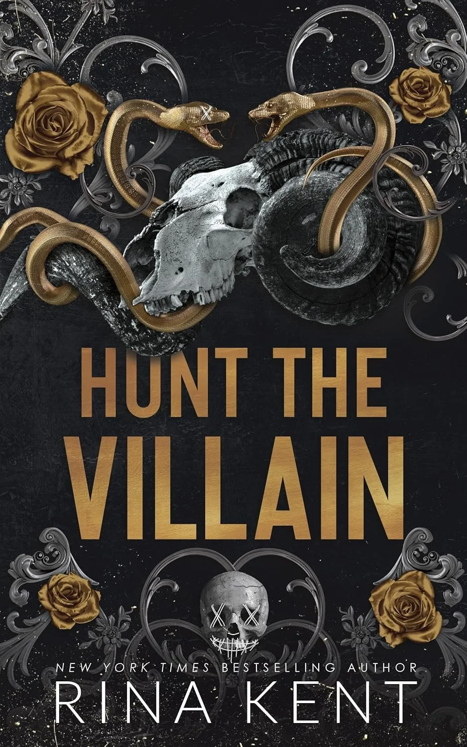 Book cover for "Hunt the Villain" by Rina Kent featuring a large animal skull, two intertwined snakes, and gold roses on a dark background.