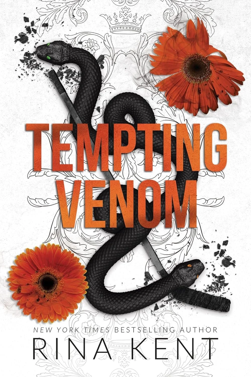 Book cover for "Tempting Venom" by Rina Kent, featuring a black snake intertwined with a butterfly knife, with orange flowers, and a background of floral line art.