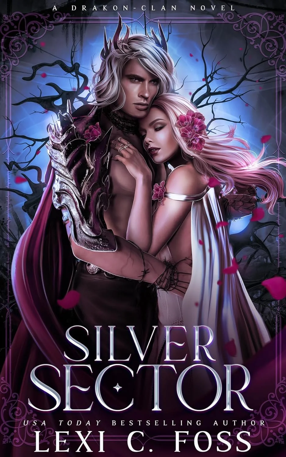 Cover art for the novel 'Silver Sector' by Lexi C. Foss, featuring two characters, a male with horns and a female with flowers in her hair, standing close in a dark, mystical setting with twisted trees and pink petals.