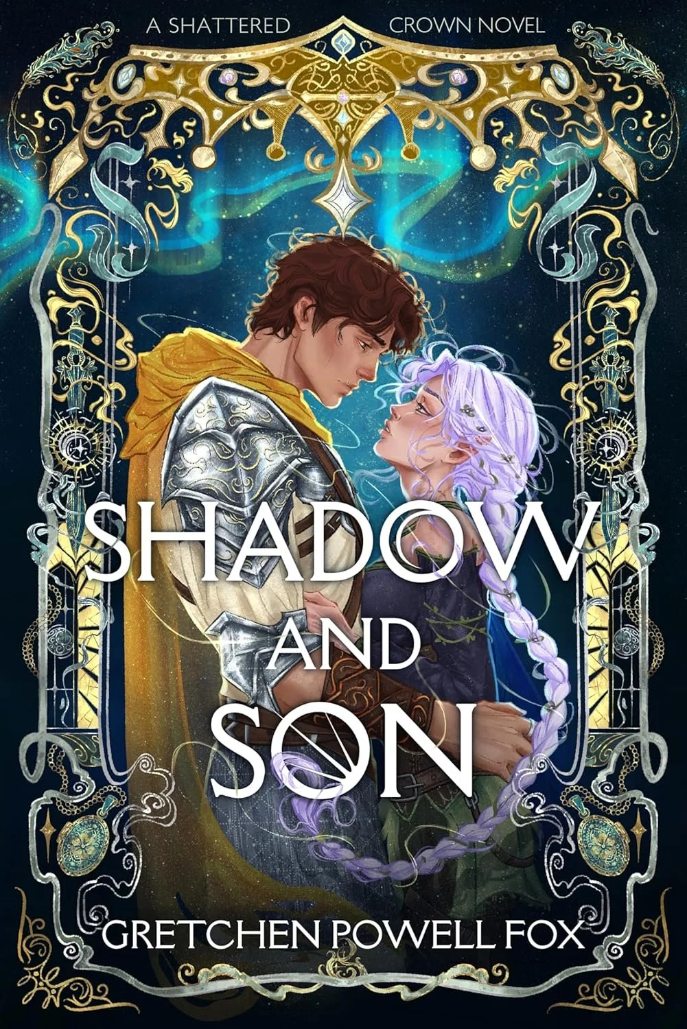 Black book cover with white text that reads: 'A Shattered Crown Novel. Official Cover to Be Revealed. Shadow and Son by Gretchen Powell Fox.'