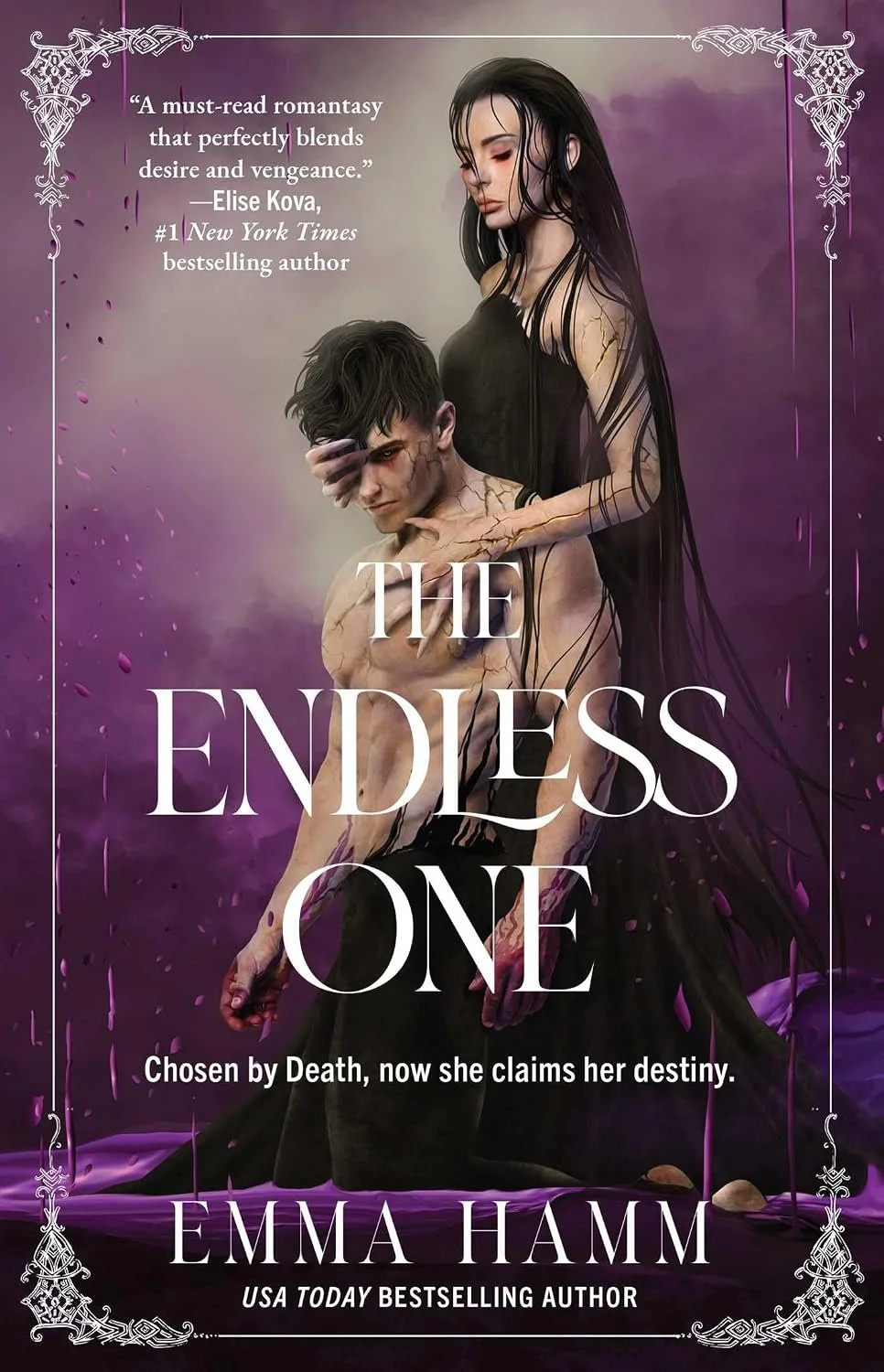 Book cover for 'The Endless One' by Emma Hamm, featuring a darkly dressed woman with long black hair and a shirtless man with dark hair, both with cracks on their skin, standing against a purple and black misty background with swirling patterns.