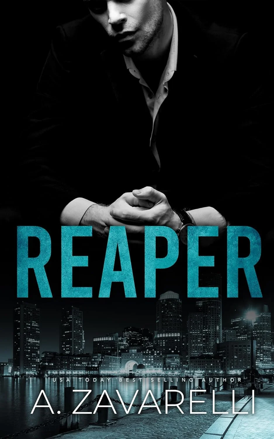A black and white photo of a man in a suit with a city skyline in the background, and the word REAPER in large blue-green letters across the center.