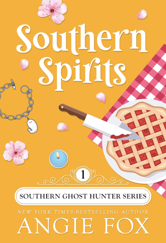 Book cover for 'Southern Spirits' by Angie Fox, part of the Southern Ghost Hunter series, featuring a pie, a butter knife, a calendar, a candle, pink flowers, and a ghost charm on a yellow background with a red and white checkered cloth.