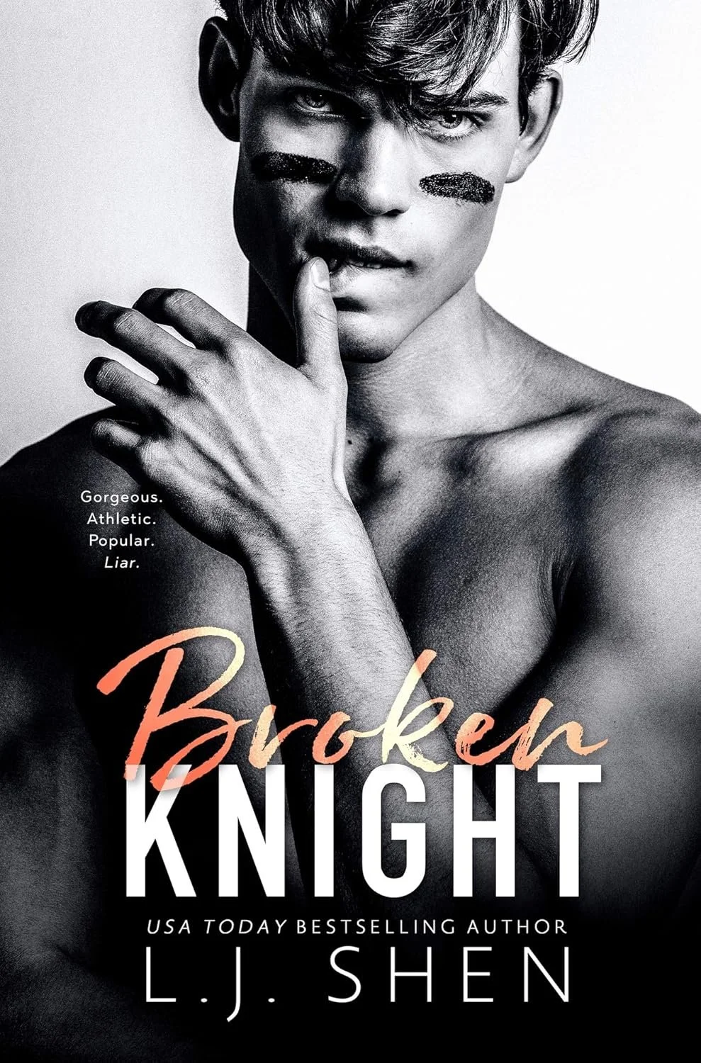 Black and white cover of a book titled 'Brokers Knight' by L. J. Shen, featuring a shirtless young man with slicked-back hair, black eye makeup, and face paint, with a background that fades from gray to white.