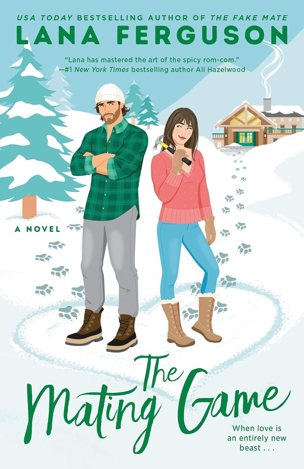 Illustration of a man and woman standing in the snow with footprints behind them, a snow-covered house, and pine trees in the background. The man wears a green plaid shirt, gray pants, and brown boots, with arms crossed. The woman wears a pink sweater, blue jeans, and tan winter boots, holding a flashlight. The book title is "The Mating Game" by Lana Ferguson.