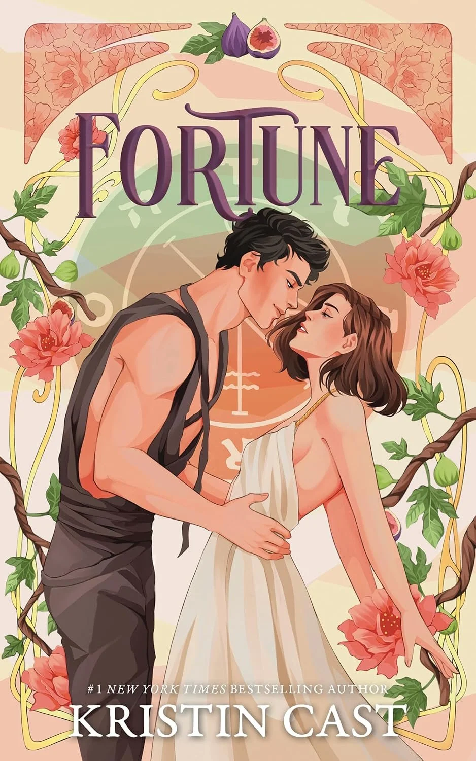 Book cover titled "Fortune" by Kristin Cast, featuring a romantic scene with a man and woman close together, surrounded by pink flowers and green vines.