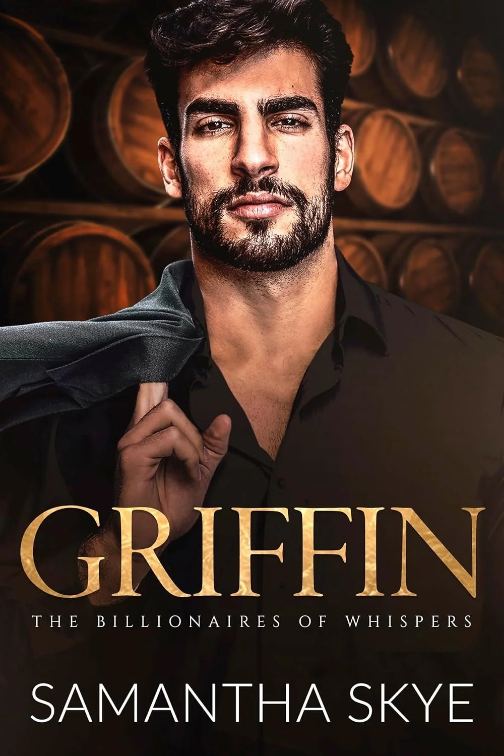 Book cover titled 'Griffin: The Billionaires of Whispers' by Samantha Skye with a black background and gold text.