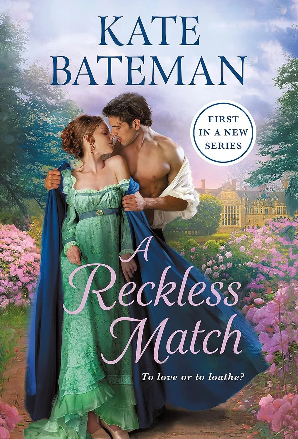 Book cover titled 'A Reckless Match' by Kate Bateman featuring a man and woman in period clothing in an outdoor garden setting with a grand estate in the background.