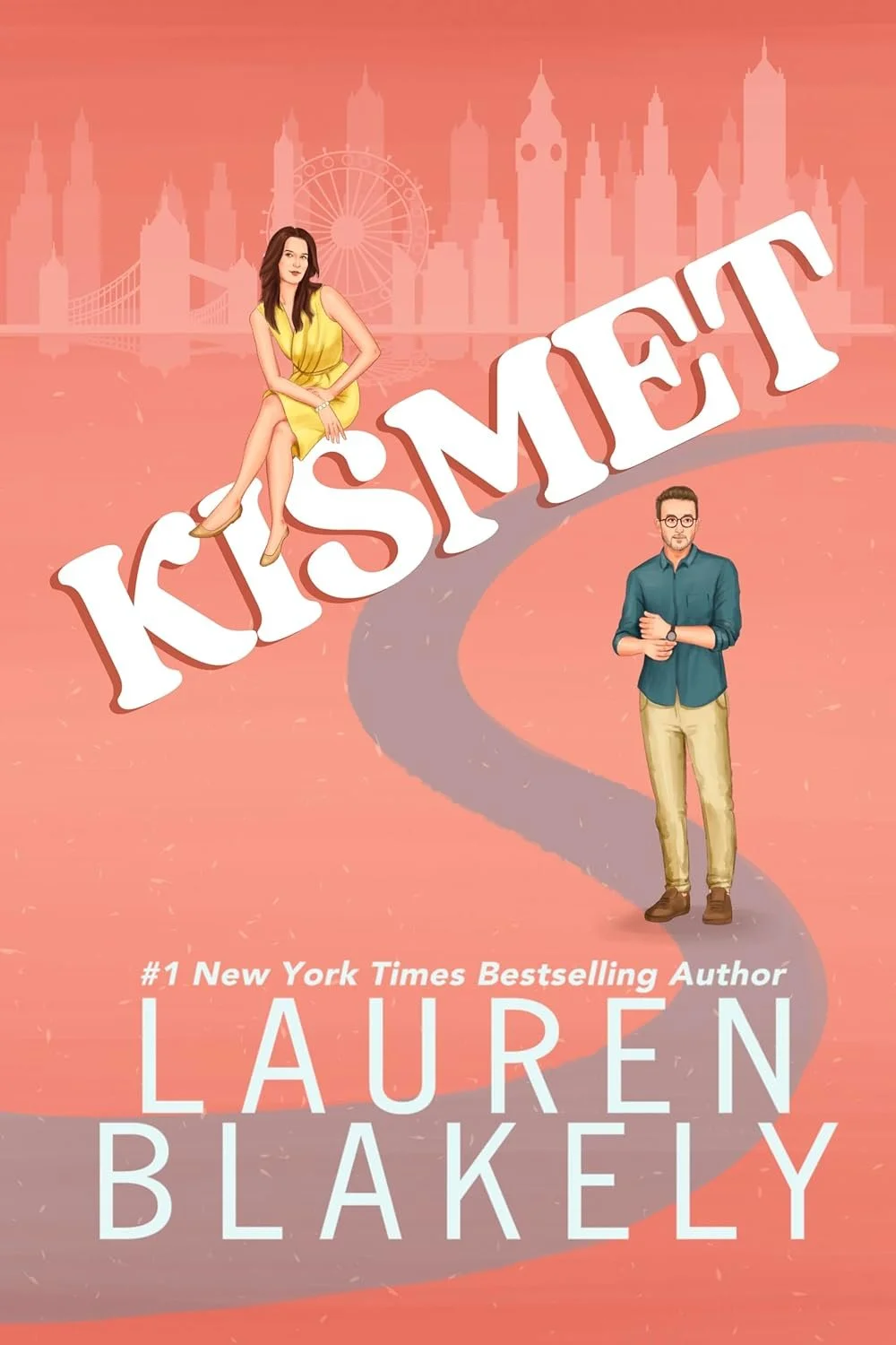 Book cover for 'Kismet' by Lauren Blakely featuring a woman in a yellow dress sitting on the word 'KISS ME' and a man standing on the pathway with a city skyline in the background.