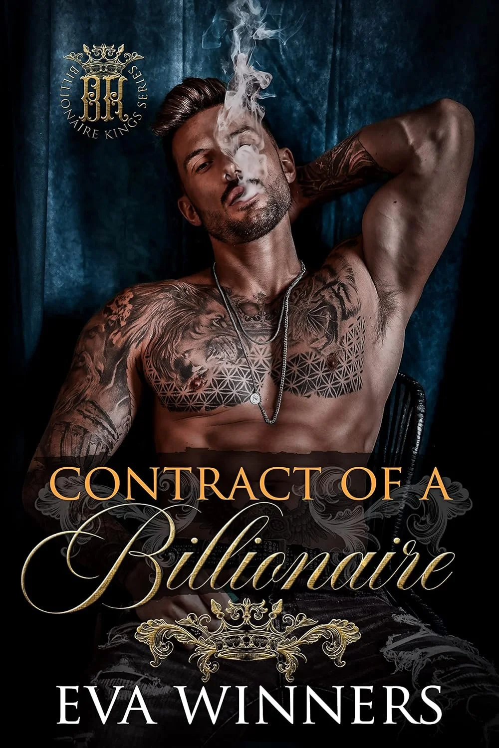 Book cover for 'Contract of a Billionaire' by Eva Winners. Features a shirtless man with tattoos, smoke around his face, dark background, gold and white text.