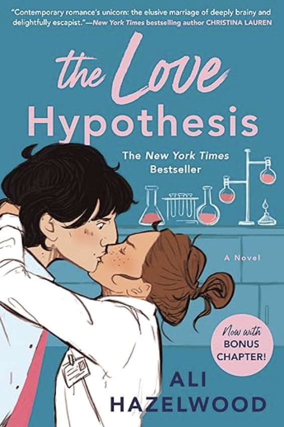 Book cover of 'The Love Hypothesis' by Ali Hazelwood, featuring two characters in a romantic embrace in a science laboratory setting. The background includes scientific equipment like test tubes and beakers.