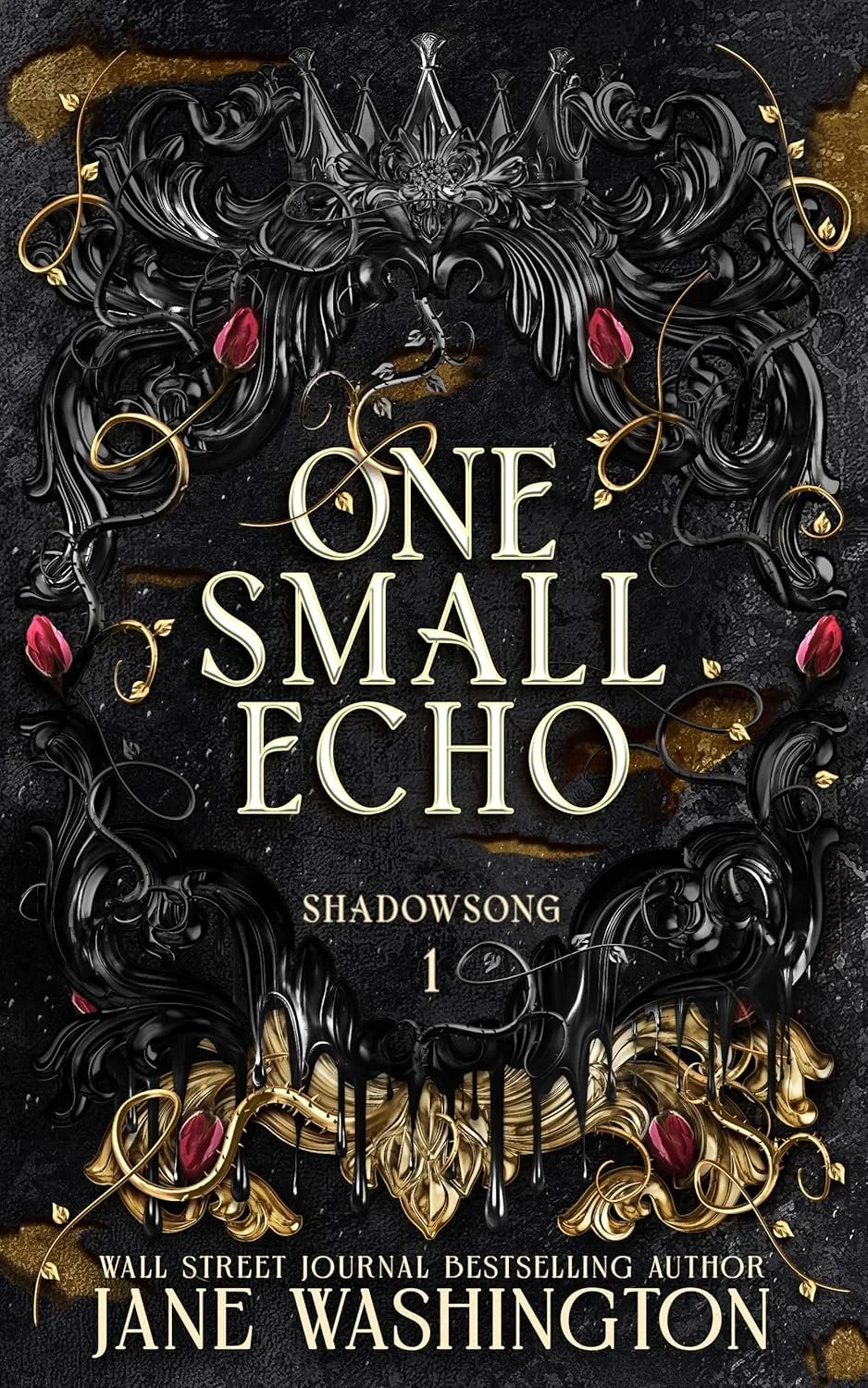 Book cover of 'One Small Echo' by Jane Washington, featuring black and gold ornate swirling designs with pink accents on a dark textured background.