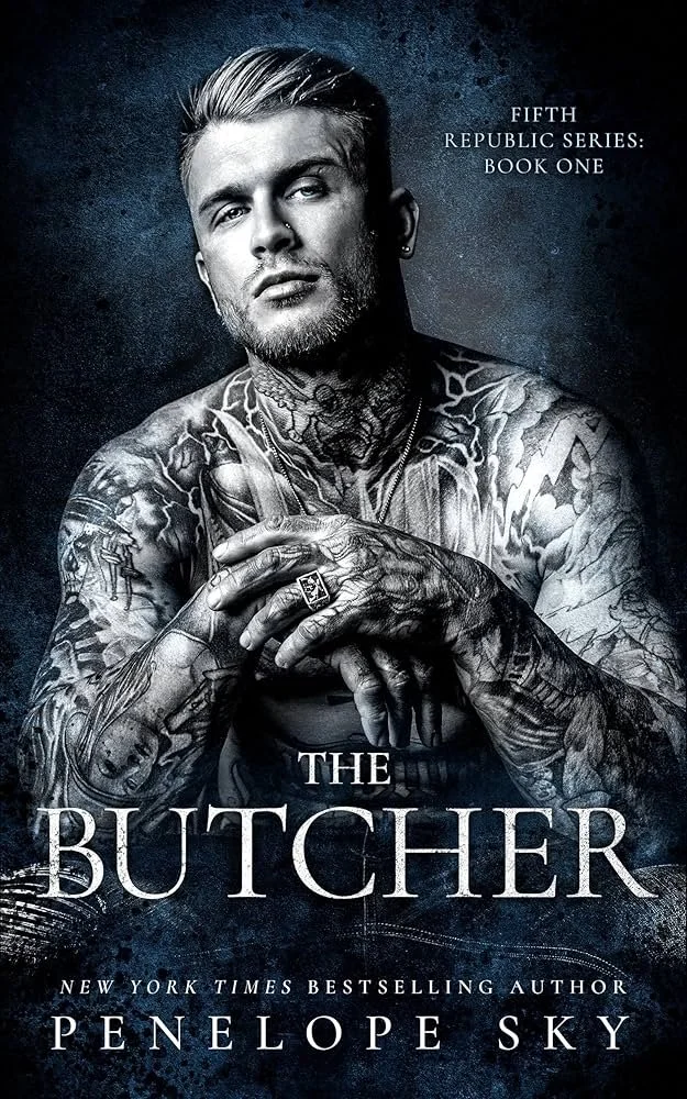 Book cover featuring a tattooed man with slicked-back hair and a piercing, titled "The Butcher" by Penelope Sky, part of the Fifth Republic Series, Book One.