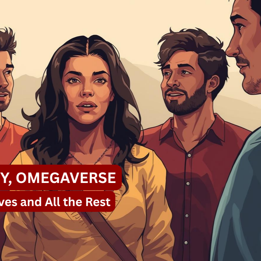 Illustration of omegaverse pack. Multiple alphas and one omega. Four people engaged in a conversation outdoors, with mountains in the background. The scene appears casual and friendly.