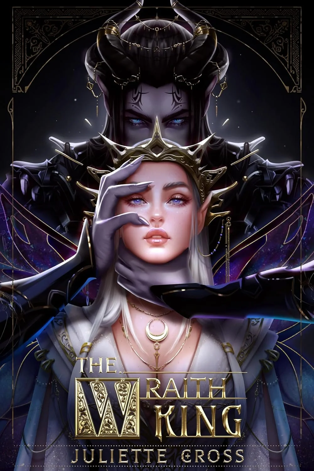 Fantasy book cover titled 'The Wrath King' by Juliette Cross. Features a regal woman with platinum blonde hair and piercing blue eyes wearing a crown, with a dark, armored figure behind her with horns and glowing blue eyes.