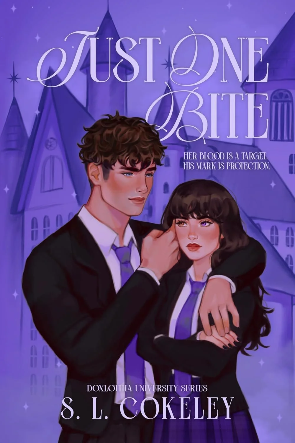 Illustration of a young man and woman in school uniforms standing closely together against a purple gothic castle background. The title reads 'Just One Bite' Book cover for S. L. Cokeley's 'Just One Bite' from the Doxlothia University Series.
