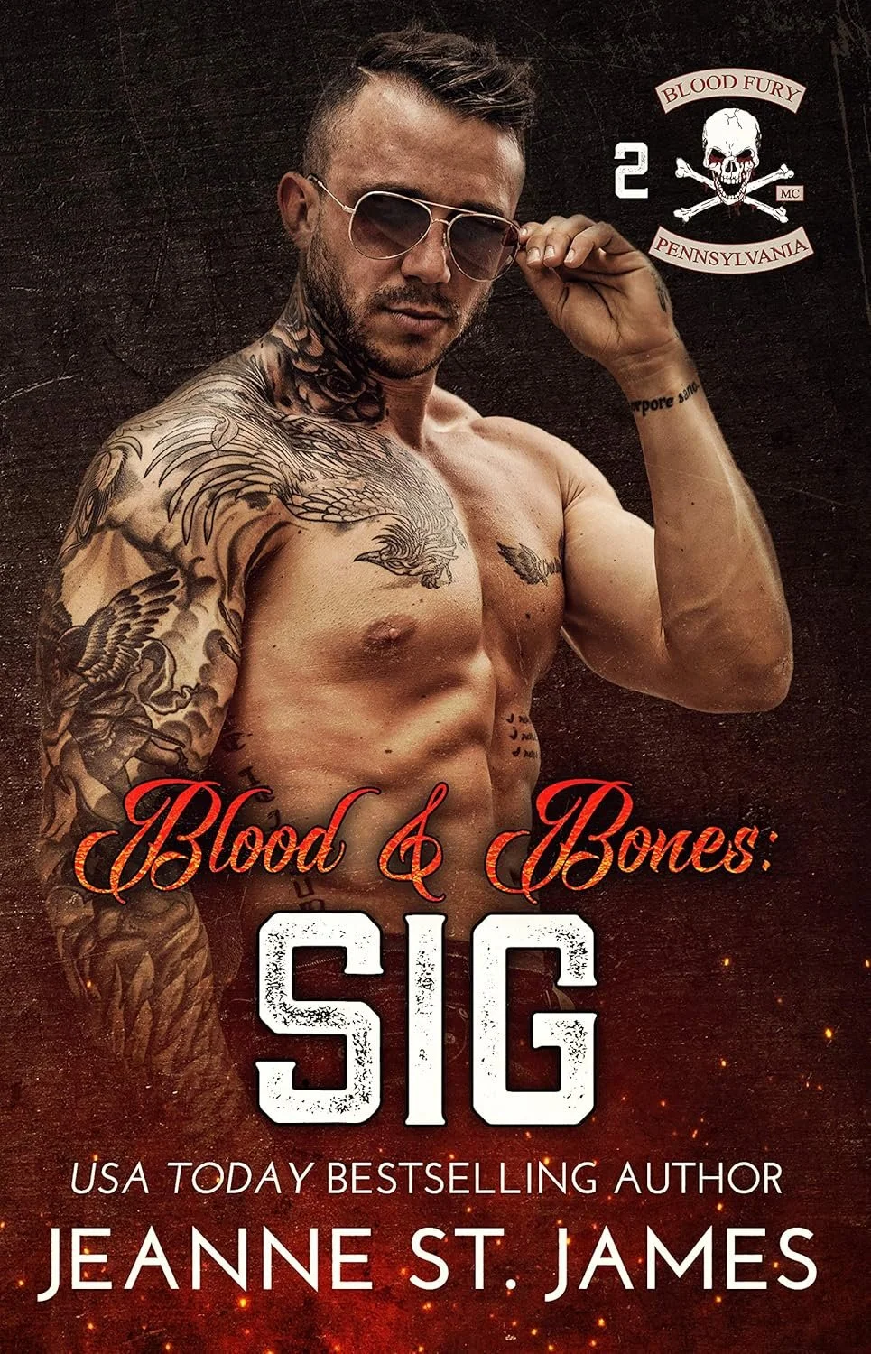 Book cover featuring a shirtless man with tattoos and sunglasses, flexing his arm. Title reads 'Blood & Bones: BIG' by Jeanne St. James, with a skull logo and text indicating Pennsylvania and Blood Fury.