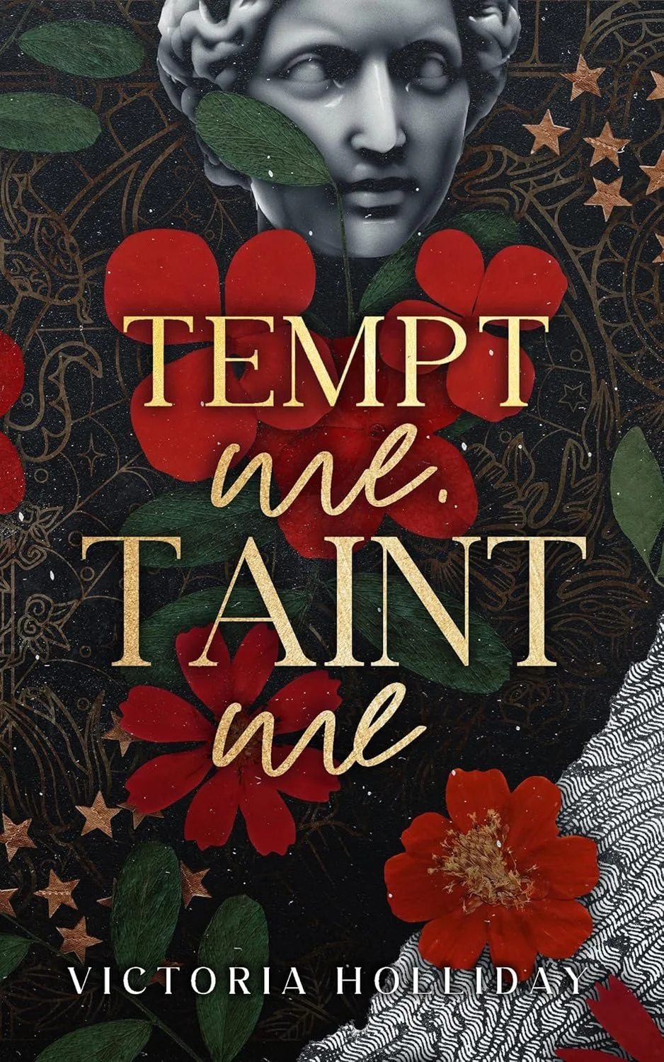Book cover with black background, white text, reading 'Cover to be revealed, Tempt Me, Taint Me, Victoria Holliday'.